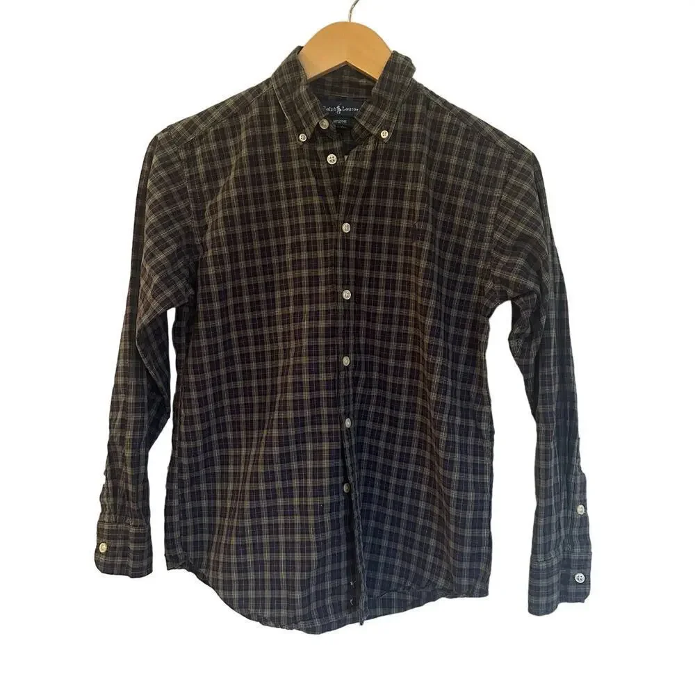 Boy's Ralph Lauren Plaid Button Down Long Sleeve Shirt sz 12-14 Polo Pony Logo
